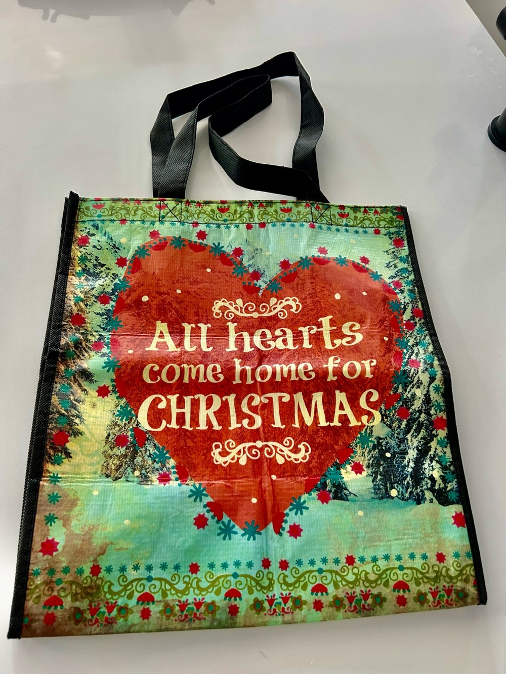Holiday Vinyl Heart ❤️ Tote Bag - " All Hearts Come Home for Christmas "